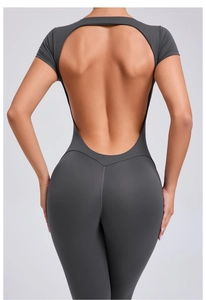 Detail view of backless yoga jumpsuit with V-shape seam stitching and slim fit design