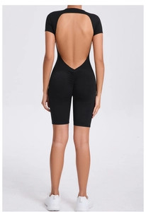 Back view of a black backless yoga bodysuit with scrunch butt detail and short sleeves