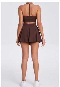 Rear view of brown sports set with racerback bra and pleated skirt for tennis