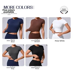 Detail view of cropped athletic shirts in navy, coffee, white, charcoal, and black