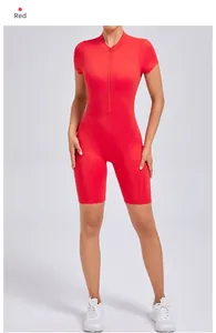 Detail of red high-elastic yoga bodysuit showing front half-zipper and stand collar