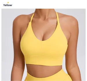 Front view of bright yellow high-stretch yoga bra with deep V-neck and wide underband