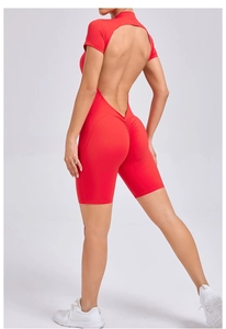 Detail of red backless yoga jumpsuit featuring ruched bum and scrunch butt stitching
