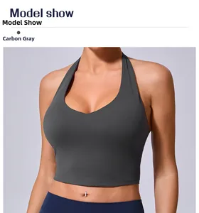 Détail de la brassière de sport licou gris anthracite en tissu élastique à séchage rapide