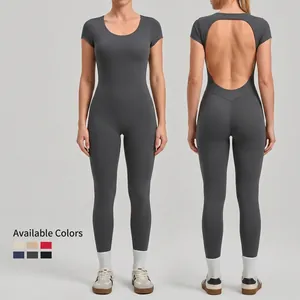 Women Backless Yoga Bodysuit Short Sleeve Sports Jumpsuit Quick Dry Athletic Fitness One Piece Slim Fit Unitard Workout Gym Outfit