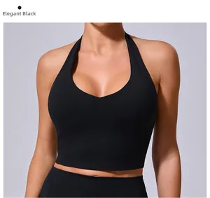 Détail du soutien-gorge de sport noir à licou avec tissu haute élasticité et coupe en V