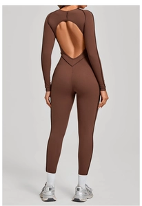 Body sportivo marrone scuro a maniche lunghe con elegante scollatura posteriore e vestibilità
