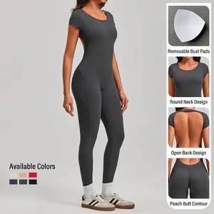 Slim fit backless yoga jumpsuit with short sleeves and peach lift design in dark grey
