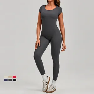 Slim fit backless yoga bodysuit with short sleeves and high elasticity for workout