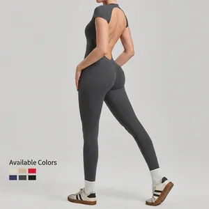 Slim fit backless short sleeve yoga jumpsuit for fitness in charcoal grey with color options