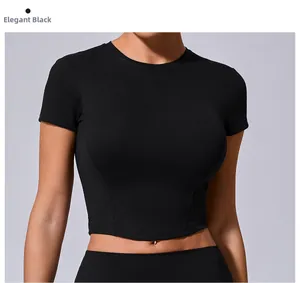 Detailed view of women's slim fit crop top in noble black with high elastic fabric
