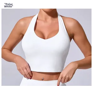 Vue de face d'un soutien-gorge de sport dos nu blanc en tissu de yoga à séchage rapide