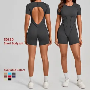 Combinaison de Yoga Dos Nu pour Femmes Manches Courtes Une Pièce Jumpsuit Coupe Ajustée Bodysuit de Sport avec Coussinets