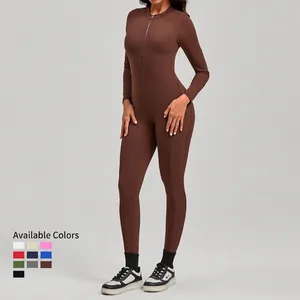 Combinaison de yoga marron à manches longues avec fermeture éclair, body de sport femme