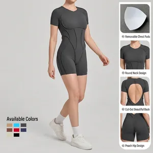 Combinaison de yoga à manches courtes dos nu pour femme avec effet push-up fessier