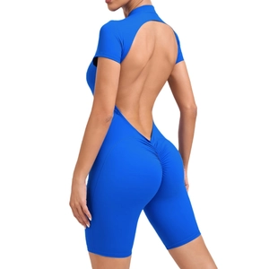 Bright blue backless short sleeve yoga bodysuit with scrunch butt lifting detail