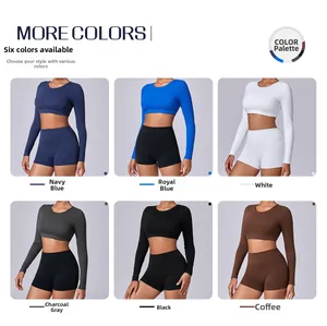 Collage of long sleeve crop tops and high waist shorts in six different athletic colors