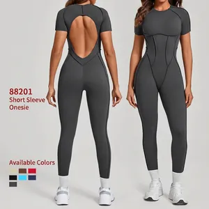 Combinaison de Yoga Dos Nu pour Femmes Nylon Élasthanne Manches Courtes Body Une Pièce Sportive Serrée Barboteuse d'Entraînement