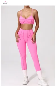 Detailweergave van de roze yoga-set met hoge elasticiteit en structurele naden
