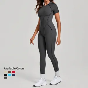 Combinaison de sport dos nu à manches courtes gris foncé avec coutures contrastées