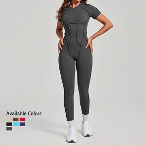 Combinaison de yoga dos nu à manches courtes et coutures structurelles en gris foncé