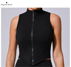 Dettaglio del gilet sportivo nero con collo alto, zip intera e taglio a V sul fondo
