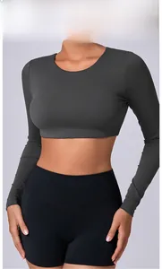 Close-up of charcoal grey long sleeve crop top with high elasticity for yoga and fitness