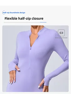 Détail d'un body de yoga lavande avec col demi-zippé et ouvertures pour les pouces