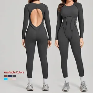 Tuta Sportiva da Donna Manica Lunga Schiena Scoperta Abbigliamento Yoga Cuciture Strutturali Alta Elasticità Fitness Palestra Catsuit