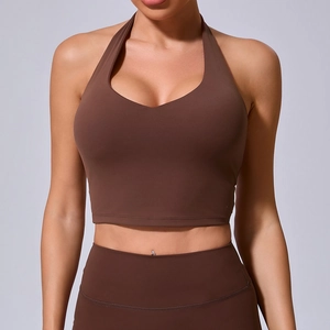 Ensemble de yoga dos nu marron chocolat avec brassière de sport et legging taille haute