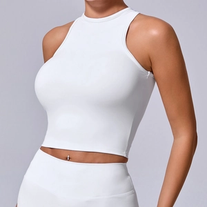 Canotta Sportiva da Donna Cropped a Collo Alto Senza Maniche Racerback per Yoga Fitness Corsa in Nylon Spandex Tinta Unita
