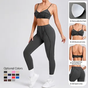 Dames 3D-stiksels afslankende yogaset met sportbeha en legging met hoge tailleband