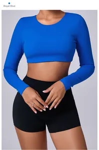 Detail view of royal blue brushed long sleeve crop top for yoga and fitness training