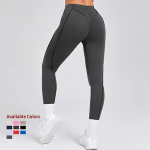 Leggings yoga a vita alta grigio scuro da donna con cucitura a V sul retro per fitness