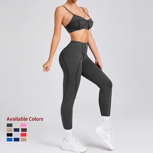 Donkergrijze yogaset met spaghettiband-bh en legging met hoge taille voor fitness-sport