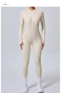 Body beige à manches longues coupe ajustée avec demi-zip et passants pour les pouces