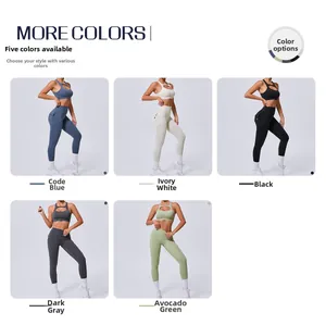 Détail du legging de yoga taille haute avec poches et soutien-gorge de sport en cinq couleurs