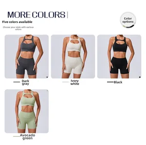 Détail des ensembles de yoga avec dos croisé et shorts taille haute en plusieurs couleurs