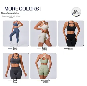 Vue détaillée montrant cinq couleurs de brassières de sport et shorts de yoga taille haute