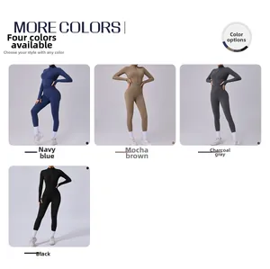 Détails de combinaisons de yoga extensibles en bleu marine, marron mocha, gris et noir