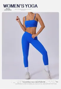 Detail view of Klein blue yoga set with removable straps bra and high waist leggings