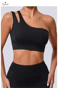 Gros plan d'un soutien-gorge de sport noir à une épaule avec détail évidé et taille large