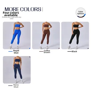 Women's 2-piece yoga set showing four color variants: royal blue, coffee, black, and navy