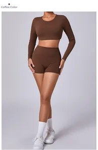 Detailed texture of coffee-colored brushed yoga set featuring high-stretch fabric