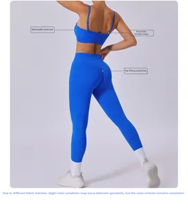 Detail view of electric blue yoga set showing the lift-up stitching on high waist leggings