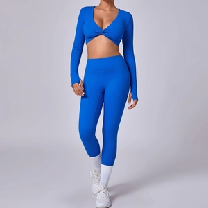 Conjunto de Yoga para Mujer Top And Bottom 2 Piezas Transpirable Manga Larga Crop Top con Torsión Leggings Ajustados Cintura Alta