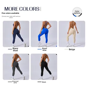 Détail du body de yoga dos nu à bretelles croisées en bleu marine, beige et noir