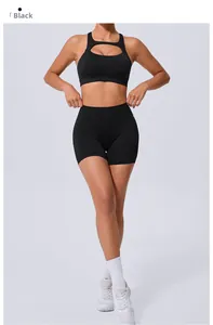 Détail d'un ensemble de yoga noir avec brassière évidée et short de fitness taille haute