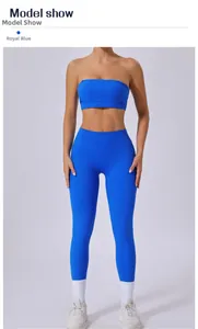 Front view of royal blue two-piece yoga set with bandeau top and high-waist leggings