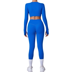 Conjunto de yoga azul real para mujer con top de manga larga y leggings de cintura alta